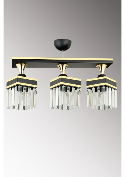 3'lü Siyah Kristal Taşlı Kare Avize, Sarı Şeritli, Şık ve Lüks Aydınlatma