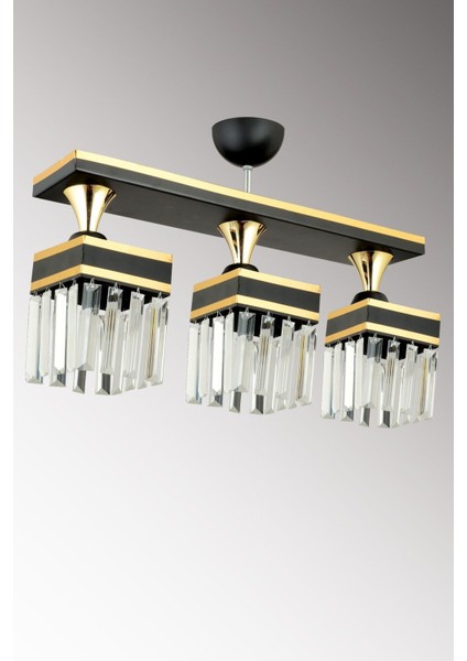 3'lü Siyah Kristal Taşlı Kare Avize, Sarı Şeritli, Şık ve Lüks Aydınlatma modelleri