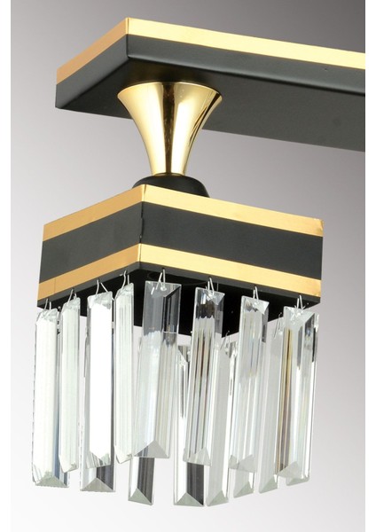 3'lü Siyah Kristal Taşlı Kare Avize, Sarı Şeritli, Şık ve Lüks Aydınlatma