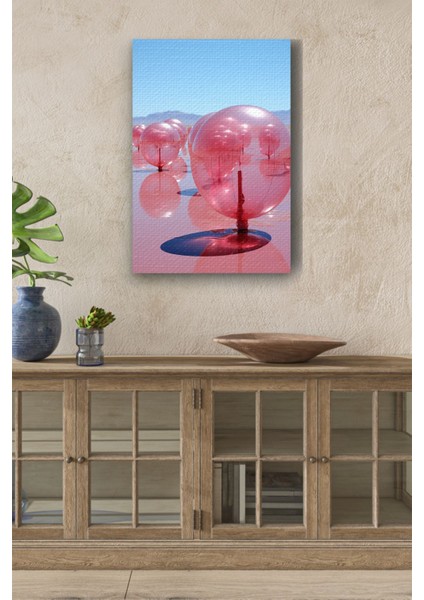 Tuz Gölü Manzaralı, Pembe ve Şeffaf Balonlar ile Renkli Yağlı Kanvas Tablo