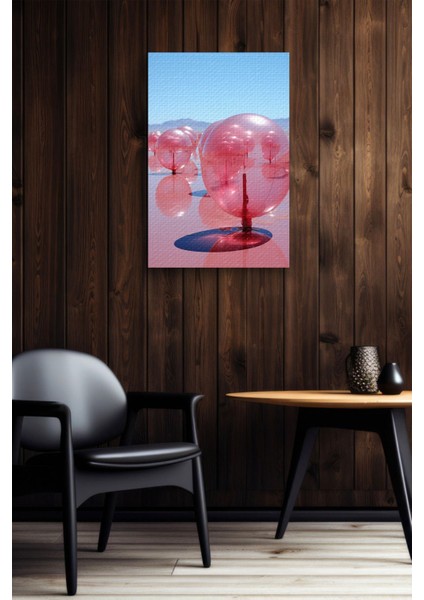 Tuz Gölü Manzaralı, Pembe ve Şeffaf Balonlar ile Renkli Yağlı Kanvas Tablo
