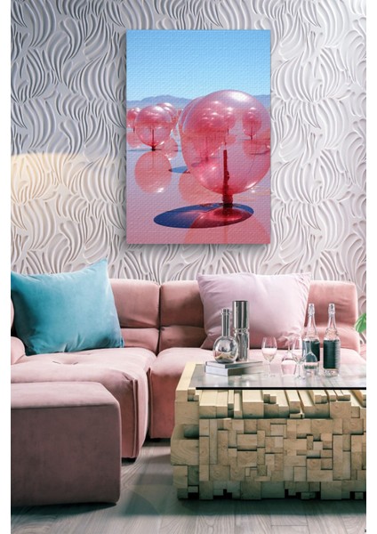 Tuz Gölü Manzaralı, Pembe ve Şeffaf Balonlar ile Renkli Yağlı Kanvas Tablo