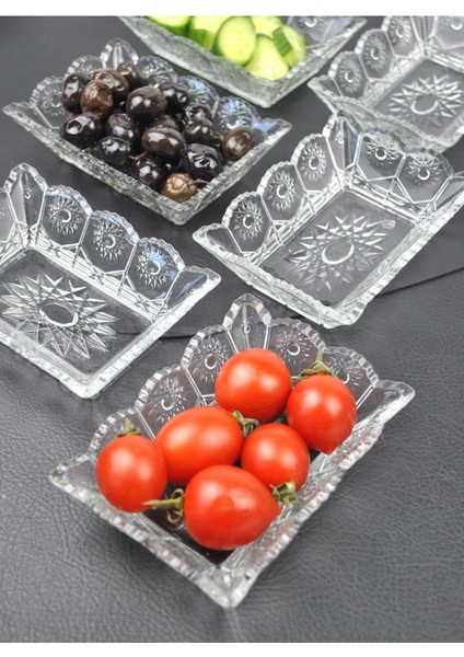 6'lı Cam Kase Seti, Dikdörtgen Sunumluk, Çerezlik ve Kahvaltılık, 13X10X4 cm