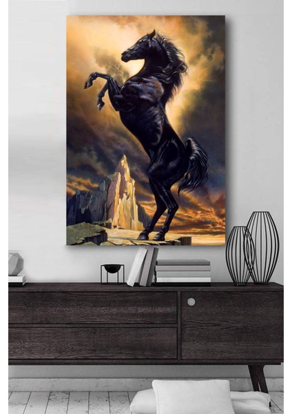 Şahlanan At Kanvas Tablo Siyah, Şık ve Modern Dekoratif Duvar Sanatı