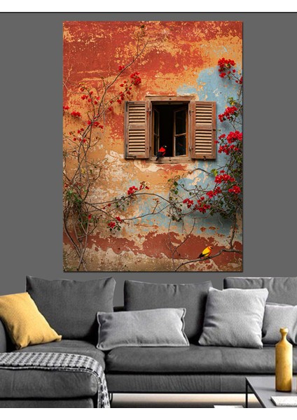 Renkli Tarihi Ev ve Pencere Dekoratif Kanvas ve Ahşap Tablo