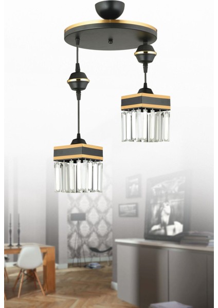 Şık Siyah Sarkıt Tepsi 2'li Kristal Taşlı Sarı Şeritli Kare Avize Işıltısı