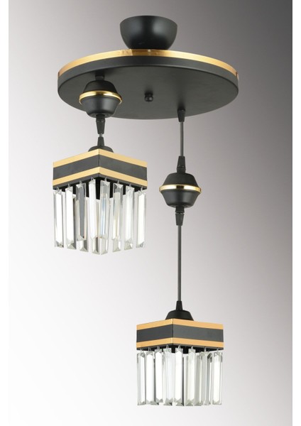 Şık Siyah Sarkıt Tepsi 2'li Kristal Taşlı Sarı Şeritli Kare Avize Işıltısı fiyatları