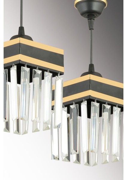 Şık Siyah Sarkıt Tepsi 2'li Kristal Taşlı Sarı Şeritli Kare Avize Işıltısı