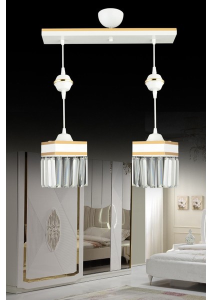 Şık Beyaz Kristal Sarkıt Avize, 2'li, Sarı Şeritli, Kare Tasarım