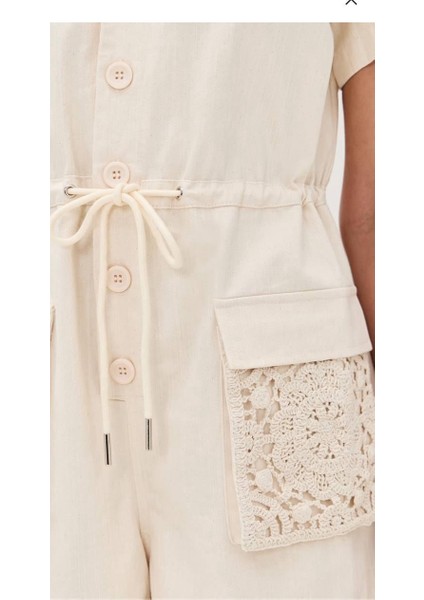 Cep Detaylı Bağcıklı Keten Tulum