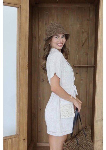 Cep Detaylı Bağcıklı Keten Tulum fırsatları