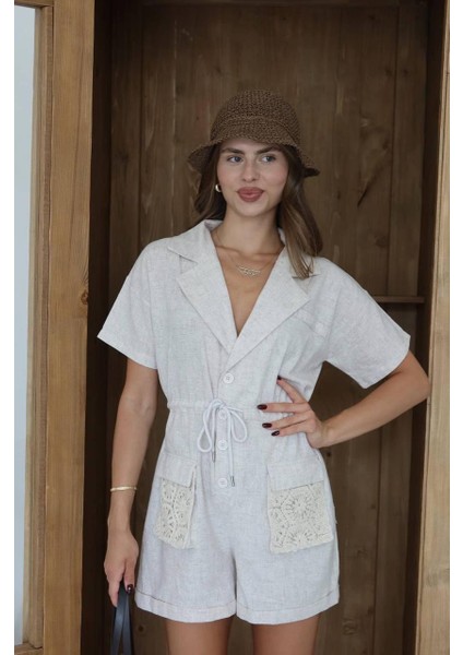 Cep Detaylı Bağcıklı Keten Tulum