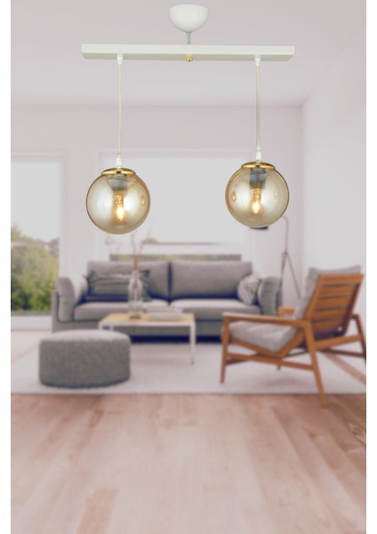 Şık Beyaz 2'li Bal Glop Camlı Sarkıt Lüks Avize