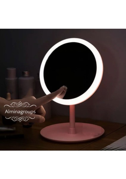 Işıklı Masaüstü Makyaj Aynası, LED ve Dokunmatik Özellikli Pembe Ayna