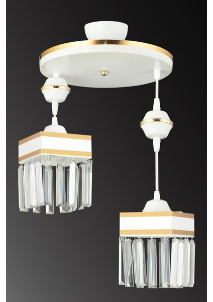 2'li Beyaz Kristal Sarkıt Kare Avize, Sarı Şeritli, Şık ve Modern Tasarım