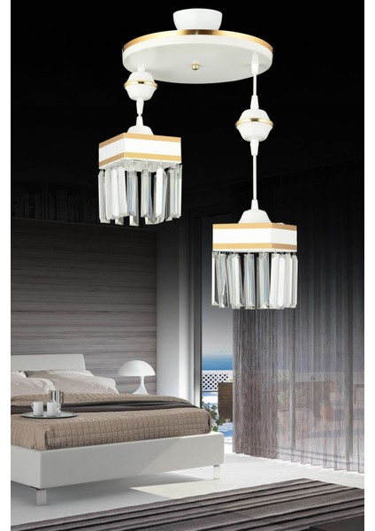 2'li Beyaz Kristal Sarkıt Kare Avize, Sarı Şeritli, Şık ve Modern Tasarım fiyatları