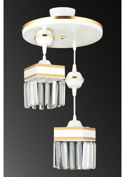 2'li Beyaz Kristal Sarkıt Kare Avize, Sarı Şeritli, Şık ve Modern Tasarım modelleri