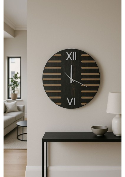 Modern Yuvarlak Mdf Duvar Saati, Sessiz Mekanizma, Gümüş Pleksi Detaylı, Şık Ev Dekoru