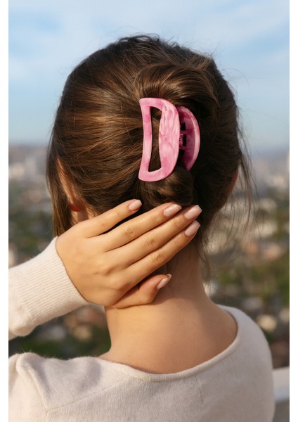 Pembe Mermer Desenli Şık Kemik Mandal Toka 8 cm