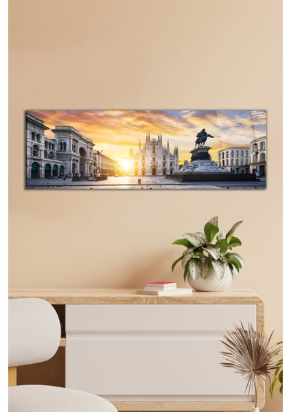Gün Batımında Milano Panoramik Cam Tablo, Modern Ev ve Ofis Dekoru, Hediyelik Duvar Dekorasyonu