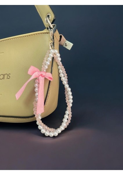 Pembe Kurdeleli Inci & Kristal Anahtarlık / Çanta Süsü