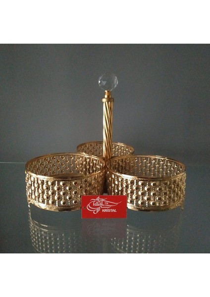 Altın Renkli, Aynalı, 3 Bölmeli Şık Çerez ve Ikramlık Sunumluk