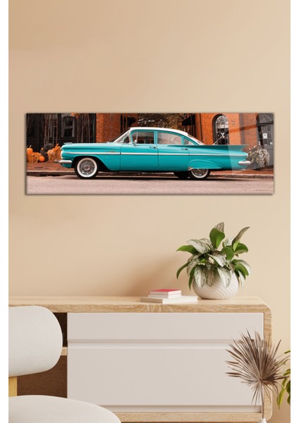 Mavi Vintage Araba Panoramik Cam Tablo, Modern Ev ve Ofis Dekoru, Hediyelik Duvar Dekorasyonu