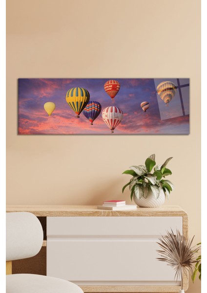 Gökyüzünde Balonlar Panoramik Cam Tablo, Modern Ev ve Ofis Dekoru, Hediyelik Duvar Dekorasyonu