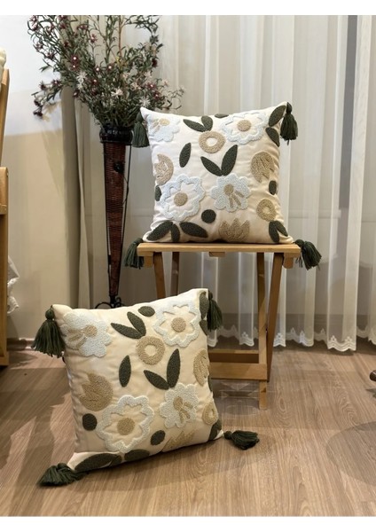 2'li Punch Işlemeli Nakışlı Yeşil Temalı Dekoratif Kırlent Kılıfı