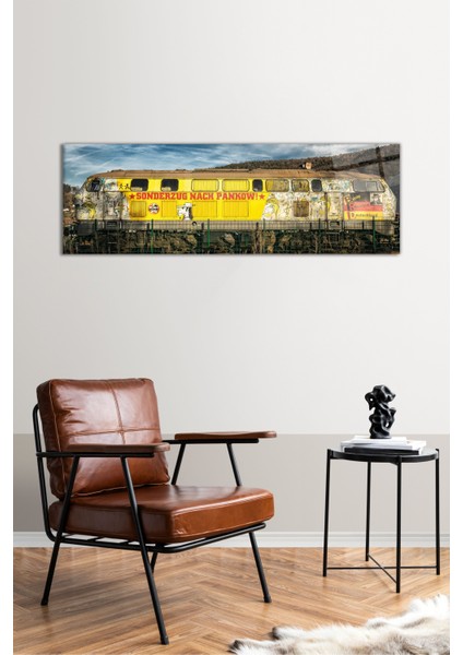 Sarı Retro Tren Panoramik Cam Tablo, Modern Ev ve Ofis Dekoru, Hediyelik Duvar Dekorasyonu fiyatları