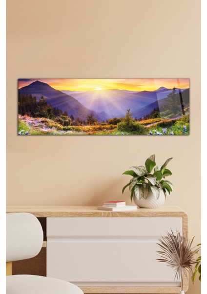 Renkli Doğa Gün Doğumu Panoramik Cam Tablo, Modern Ev ve Ofis Dekoru, Hediyelik Duvar Dekorasyonu