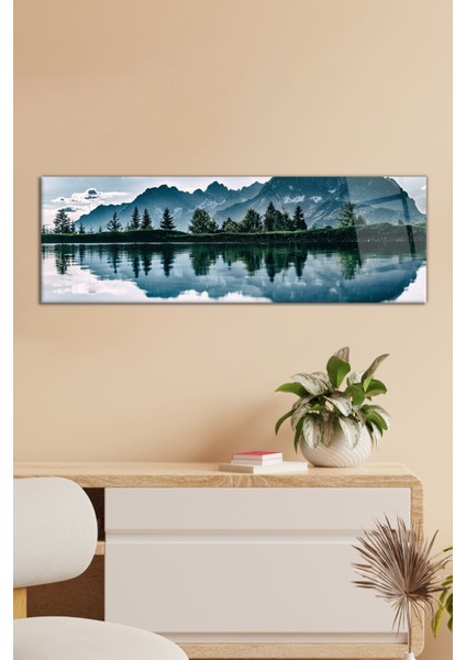 Dağ ve Ağaç Manzarası Panoramik Cam Tablo, Modern Ev ve Ofis Dekoru, Hediyelik Duvar Dekorasyonu