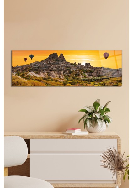 Kapadokya Balon Manzarası Panoramik Cam Tablo, Modern Ev Ofis Dekoru, Hediyelik Duvar Dekorasyonu