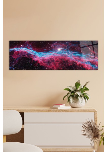 Pembe Mavi Nebula Panoramik Cam Tablo, Modern Ev ve Ofis Dekoru, Hediyelik Duvar Dekorasyonu