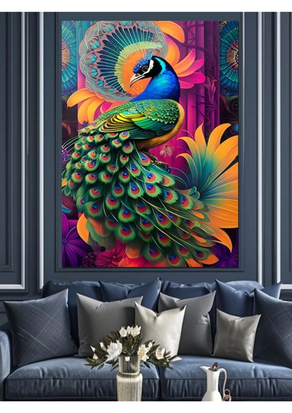 Renkli Tavuskuşu ve Çiçek Temalı Kanvas ve Mdf Tablo Dekoru