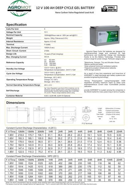 12V 100AH Jel Akü Yüksek Performanslı Derin Deşarj Özelliği ile indirimleri