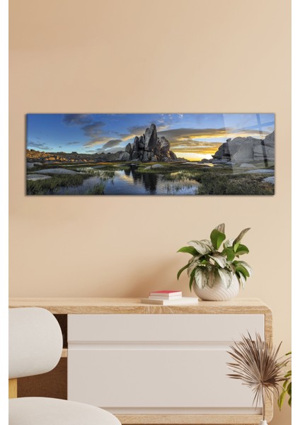 Kayalar ve Yeşillik Panoramik Cam Tablo, Modern Ev ve Ofis Dekoru, Hediyelik Duvar Dekorasyonu