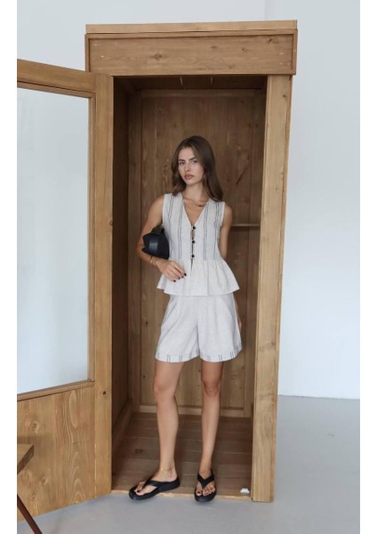 Askılı Keten Şort Takım