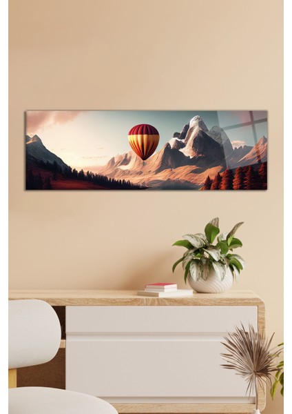 Sıcak Hava Balonu ve Dağ Panoramik Cam Tablo, Modern Ev ve Ofis Dekor, Hediyelik Duvar Dekorasyonu