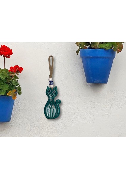 Turkuaz Kedi Temalı Seramik Duvar Süsü, Hasır Ip ve Nazar Boncuk Detaylarıyla Şık modelleri