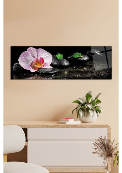 Spa Taşı ve Orkide Çiçeği Panoramik Cam Tablo, Modern Ev Ofis Dekoru, Hediyelik Duvar Dekorasyonu