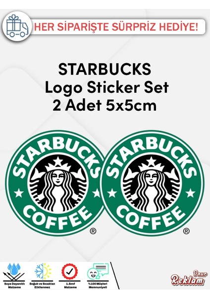 Starbucks Logo Sticker Set – 2 Adet 5x5 Cm, Suya Dayanıklı Vinil Çıkartma