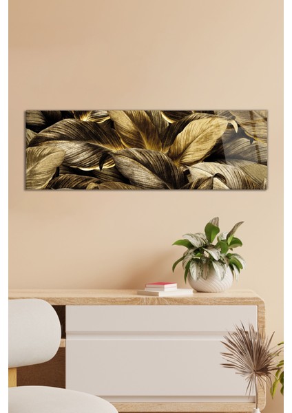 Gold Büyük Yapraklı Panoramik Cam Tablo, Modern Ev ve Ofis Dekoru, Hediyelik Duvar Dekorasyonu