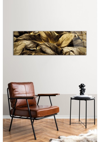 Gold Büyük Yapraklı Panoramik Cam Tablo, Modern Ev ve Ofis Dekoru, Hediyelik Duvar Dekorasyonu fiyatları