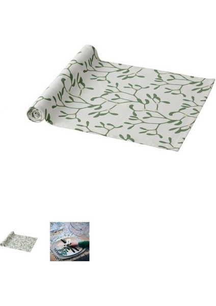 Beyaz ve Yeşil Renkli, Pamuk Kumaştan 35X130 cm Servis Örtüsü