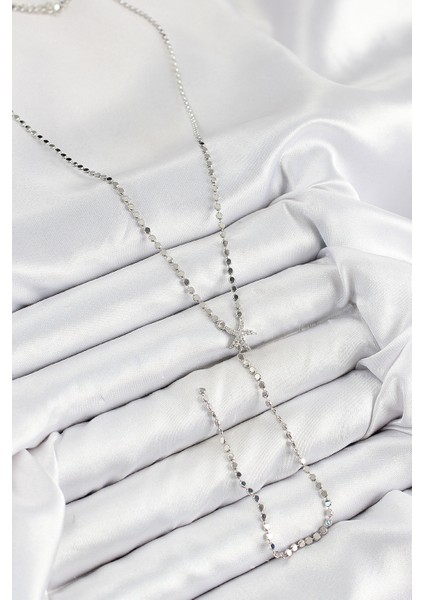 Pirinç Zirkon Taşlı Ezme Zincirli Deniz Yıldızı Model Gümüş Renk Y Kolye - Bamido