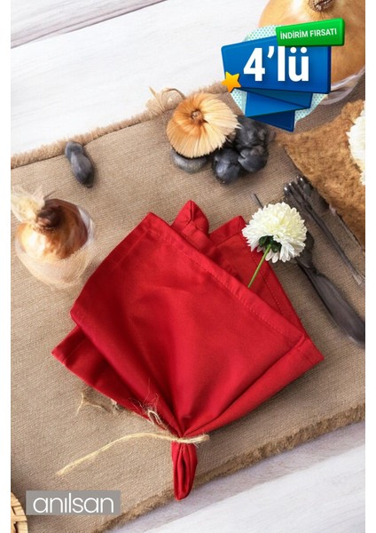 4'lü %100 Pamuk Kırmızı Kumaş Peçete, 70X70 Cm, Mutfak ve Sunum Şıklığı