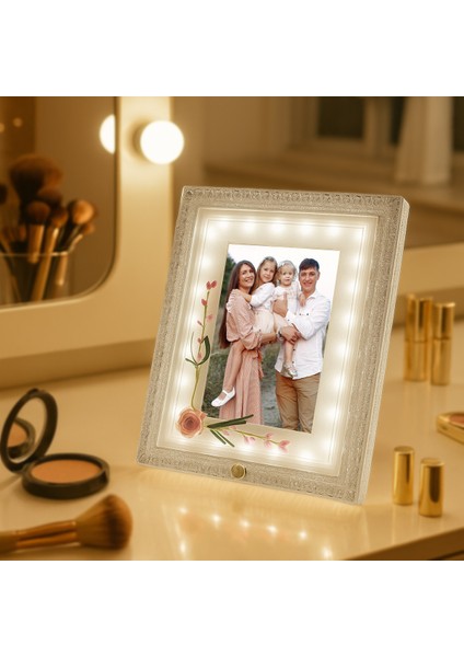 Ledli Pembe Çiçekli Dikdörtgen Fotoğraf Çerçevesi