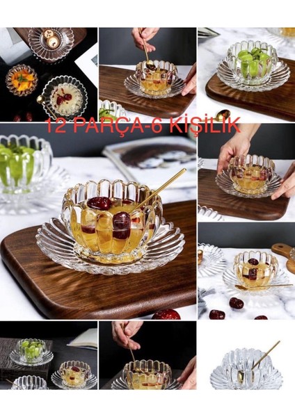 Şeffaf Kristal 12 Parça Kase ve Tabağı Seti, 6 Kişilik, Zarif ve Şık Tasarım