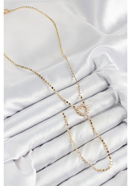 Pirinç Zirkon Taşlı Ezme Zincirli Kalp Model Gold Renk Y Kolye - Bamido